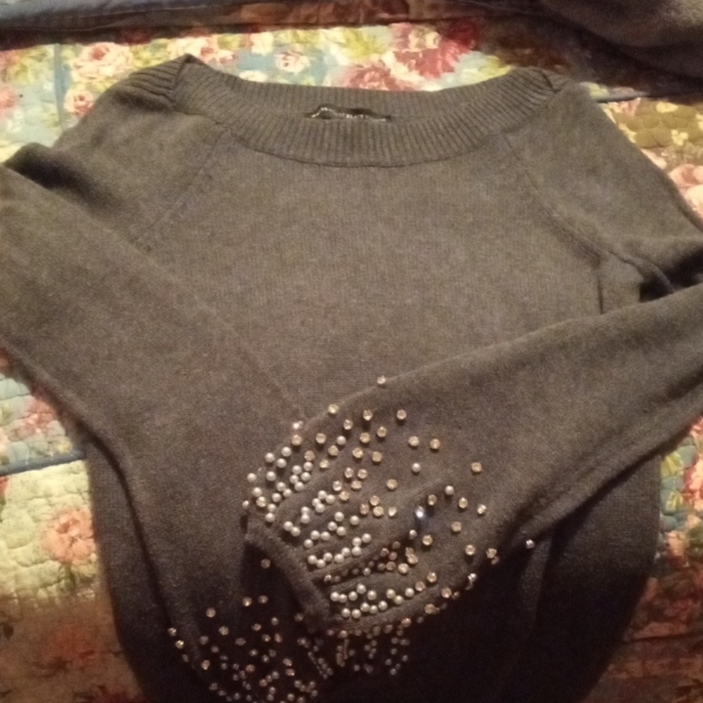 White House Black Market Gray Crew Neck Sweater with Decorative Sleeve Detail
